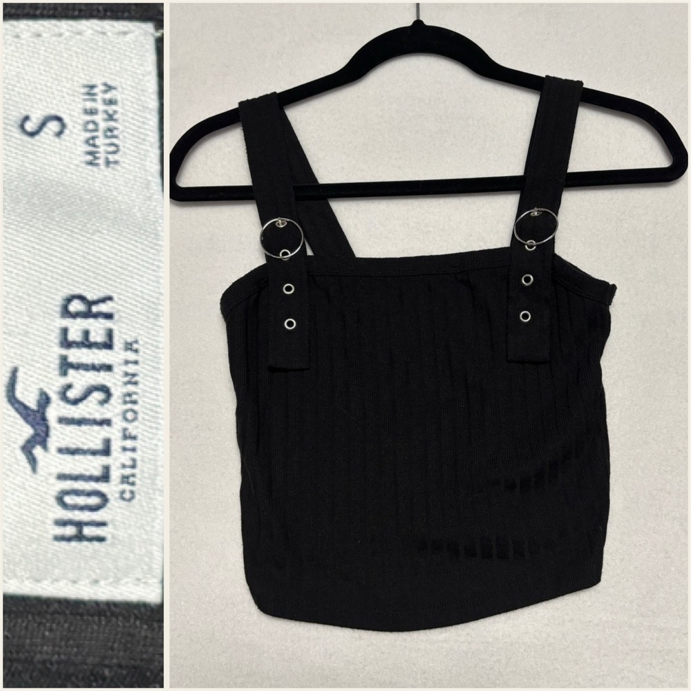 Hollister Small‎ Black Ribbed Tank Top Crop Square Neck D-Ring Adjustable Straps